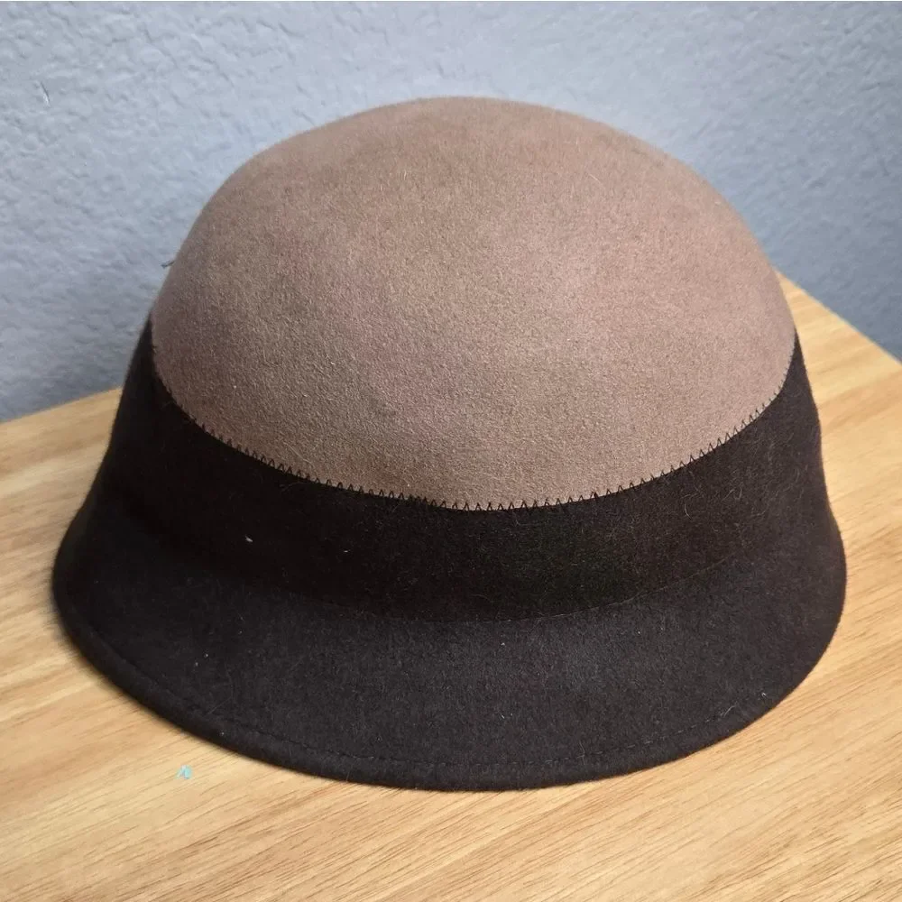 Nordstrom Magid Hat Wool Cloche Two-Tone Brown Wide Brim Flapper 20s Vintage Bow